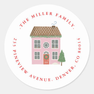 Merry Christmas Pink house Return address  Classic Round Sticker