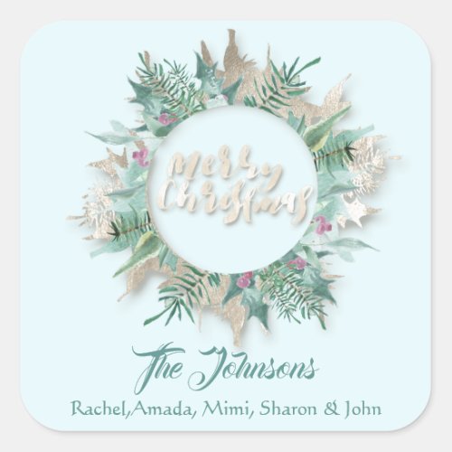 Merry Christmas Pink Mint Ivory Holidays Branch Square Sticker