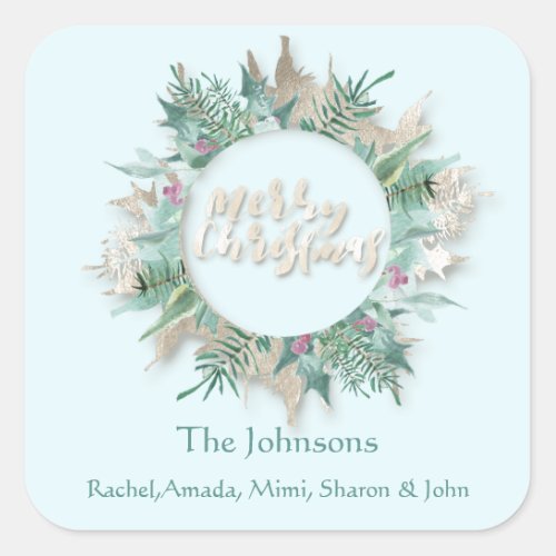 Merry Christmas Pink Mint Ivory Holidays Branch Square Sticker