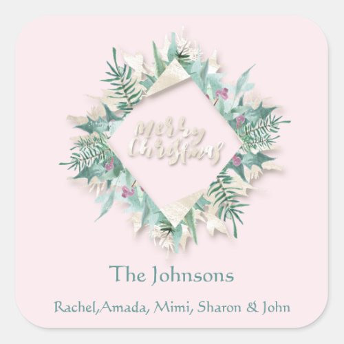 Merry Christmas Pink Mint Ivory Holidays Geometry Square Sticker