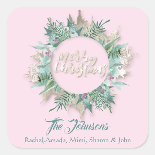 Merry Christmas Pink Mint Ivory Holidays Pastel Square Sticker