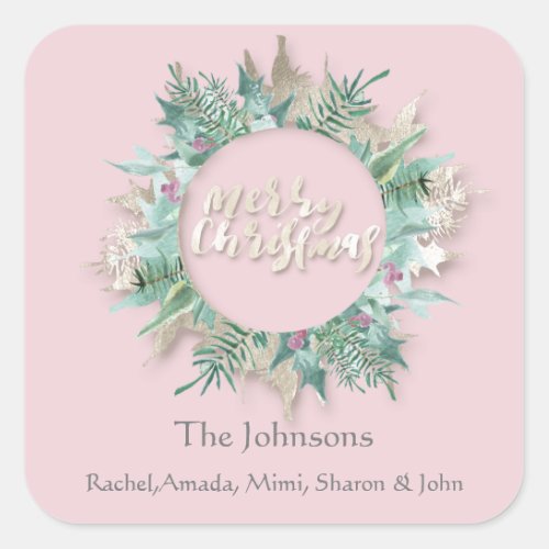 Merry Christmas Pink Mint Ivory Holidays Wreath 3D Square Sticker