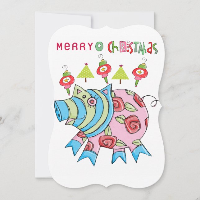 Merry Christmas Pink Pig Flat Greeting Card (Front)