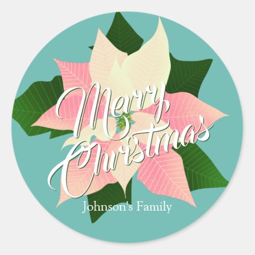 Merry Christmas _ Pink Poinsettia Christmas Classic Round Sticker