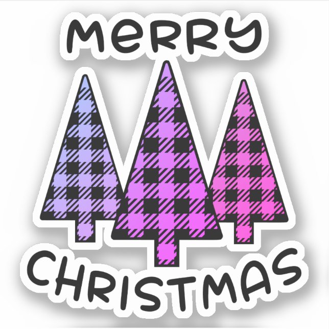 Merry Christmas Pink Purple Plaid Christmas Trees Sticker (Front)