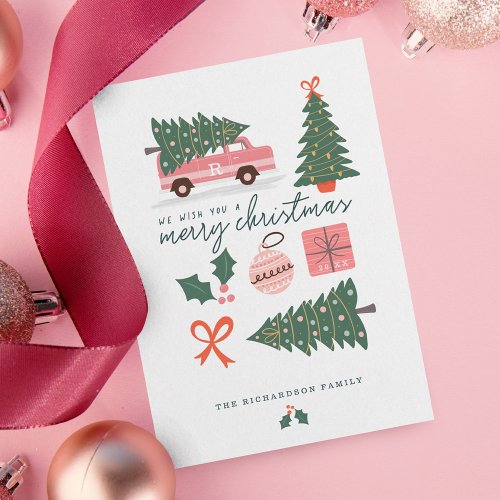 Merry Christmas Pink Retro Van Christmas Tree Holiday Card