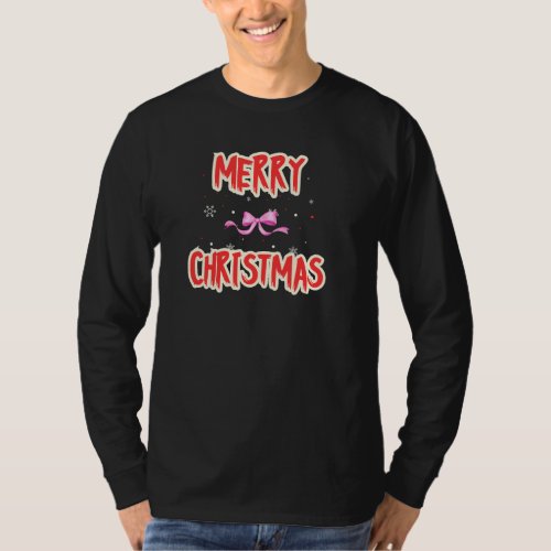 Merry Christmas Pink Ribbon Bow Snowflakes Holiday T-Shirt