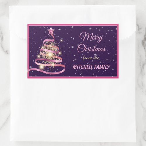 Merry Christmas Pink Ribbon  Gold Confetti Tree Rectangular Sticker