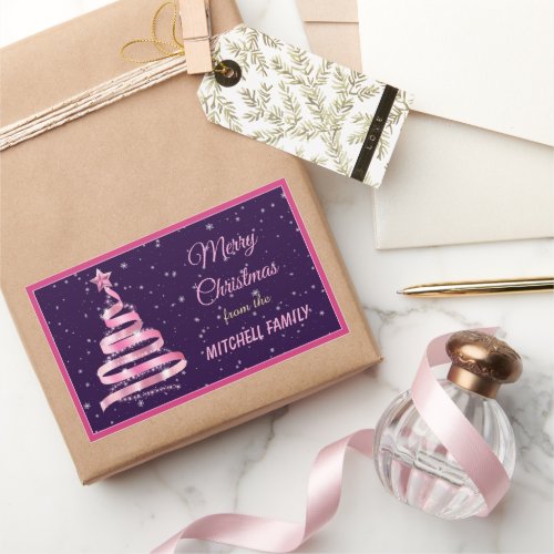 Merry Christmas Pink Ribbon Tree with sparkles Rectangular Sticker