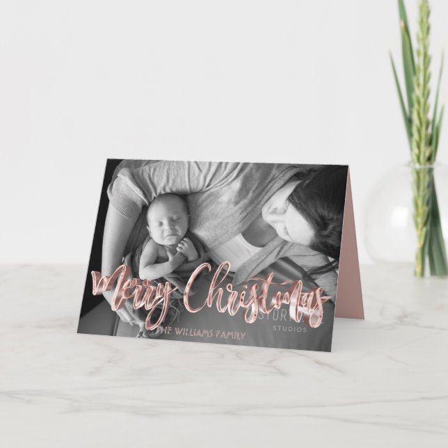 Merry Christmas Pink Rose Gold Text Overlay Holiday Card (Front)