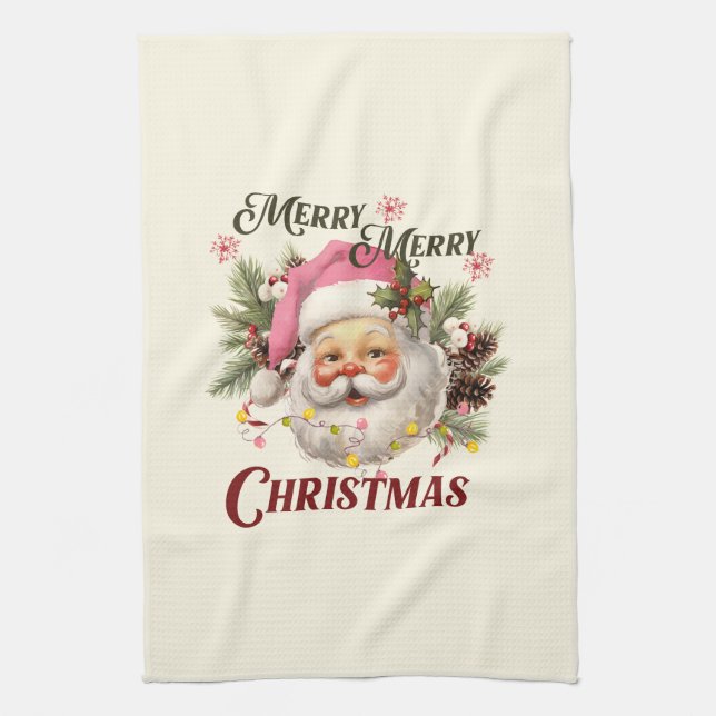 Merry Christmas - Pink Santa Kitchen Towel (Vertical)