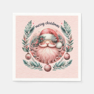 Merry Christmas Pink Santa Wreath Napkins
