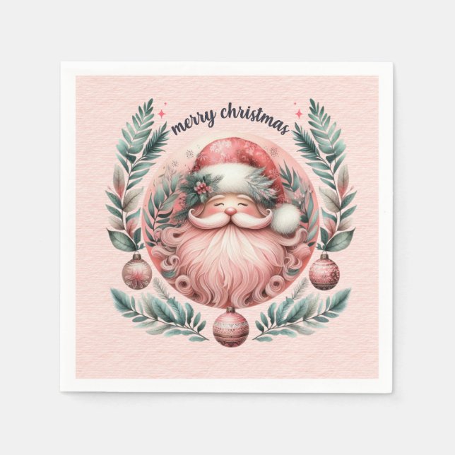 Merry Christmas Pink Santa Wreath Napkins (Front)