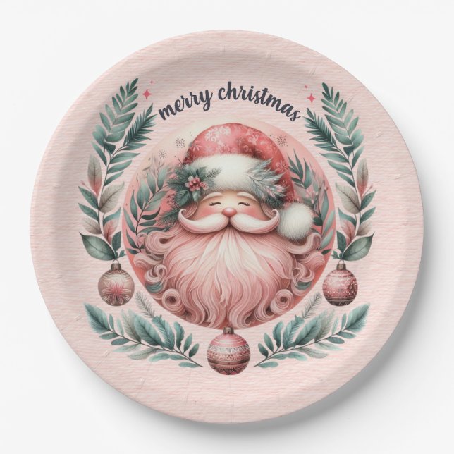Merry Christmas Pink Santa Wreath Paper Plates (Front)