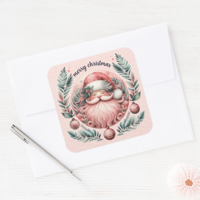 Merry Christmas Pink Santa Wreath Square Sticker (Envelope)