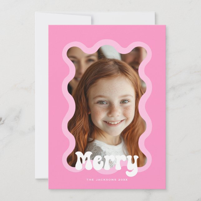 Merry Christmas Pink Scallop Wave Holiday Design Card (Front)