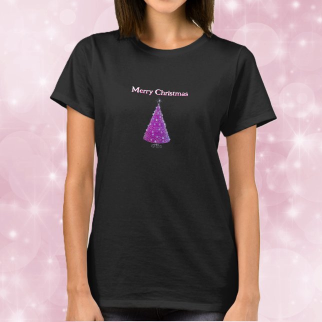 Merry Christmas Pink Silver Sparkle Like Tree T-Shirt (Pink Christmas tree silver sparkle decorations on womans holiday tee shirt.)