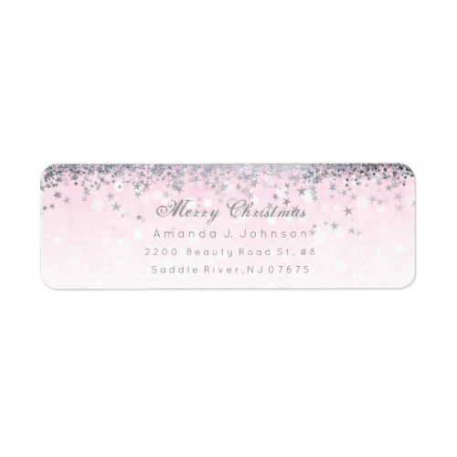 Merry Christmas Pink Silver Stars Snow Confetti Label