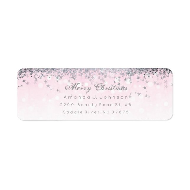 Merry Christmas Pink Silver Stars Snow Confetti Label (Front)
