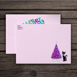Merry Christmas Pink Silver Tree Black Cat Bow Envelope
