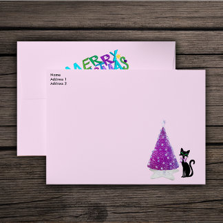 Merry Christmas Pink Silver Tree Black Cat Bow Envelope