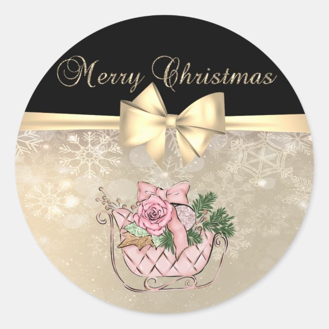 Merry Christmas,Pink Sleigh,Snowflakes,  Bow  Classic Round Sticker (Front)