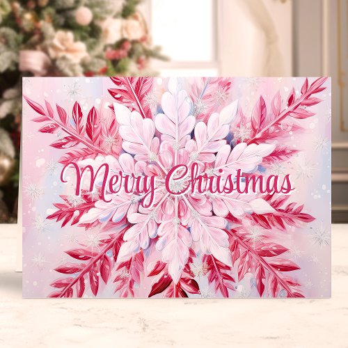 Merry Christmas Pink Snowflake Holiday Card