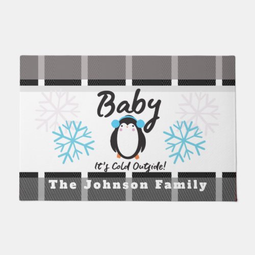 Merry Christmas Pink Snowflakes Penguin Family Doormat