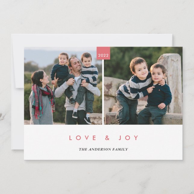 Merry Christmas Pink Stylish Minimal 2 Photo Holiday Card (Front)