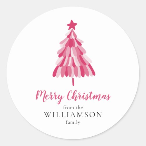 Merry Christmas Pink Tree modern Classic Round Sticker