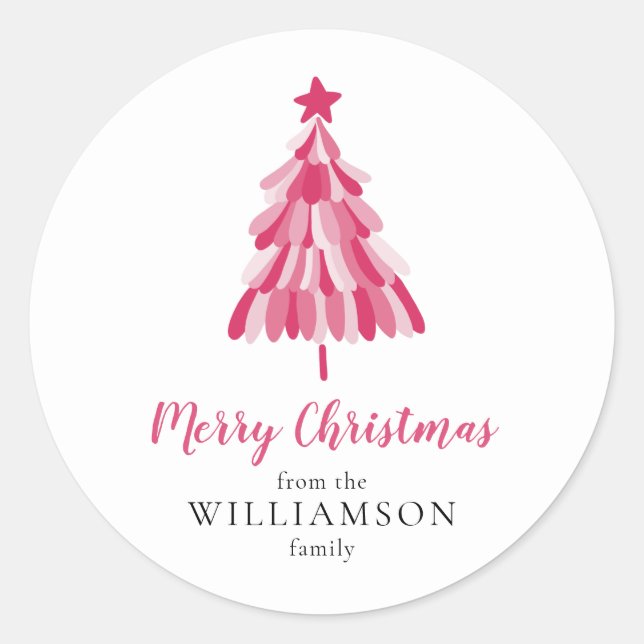Merry Christmas Pink Tree modern Classic Round Sticker (Front)
