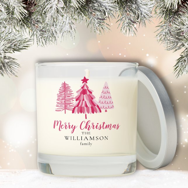 Merry Christmas Pink Tree modern family Scented Candle (Pink Christmas tree modern Merry Christmas family candle for Holiday festive celebrations)