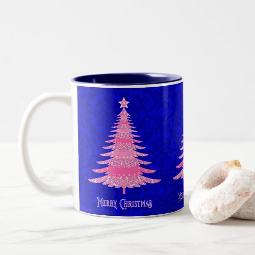 Merry Christmas Pink Tree Sparkle Snowflakes Two_Tone Coffee Mug