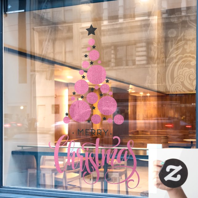  Merry Christmas Pink Tree Stars Holiday Window Cling (Cafe Window)