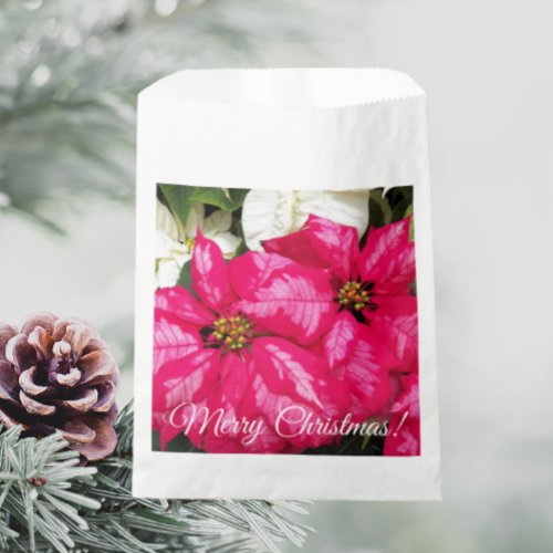 Merry Christmas Pink Variegated Poinsettias Floral Favor Bag