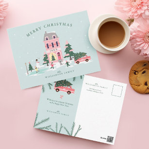 Merry Christmas Pink Vintage Town Scenery & Van Postcard