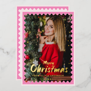 Merry Christmas Pink Wavy Border Frame Photo Foil Holiday Card