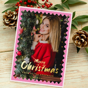 Merry Christmas Pink Wavy Border Frame Photo Foil Holiday Card