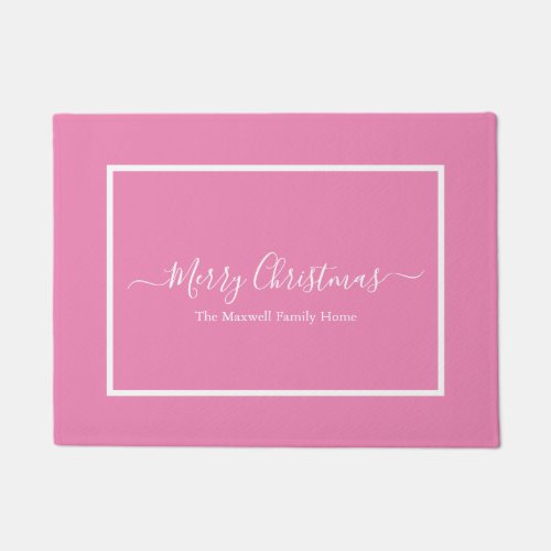 Merry Christmas pink white family name  Doormat