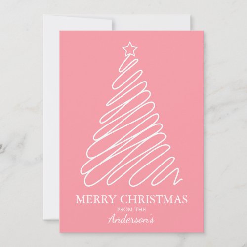 Merry Christmas Pink White Scribble Tree Holiday Card
