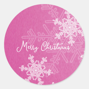 Merry Christmas Pink White Snowflake Minimalist Classic Round Sticker