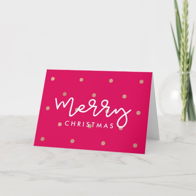 Merry Christmas Pink with Faux Gold Dots Holiday Card (Front)