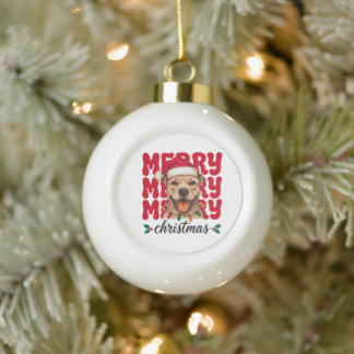 Merry Christmas Pit Bull Dog Smiling Santa Hat Ceramic Ball Christmas Ornament