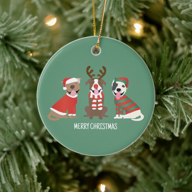 Merry Christmas Pit Bull Dogs Ceramic Ornament (Tree)