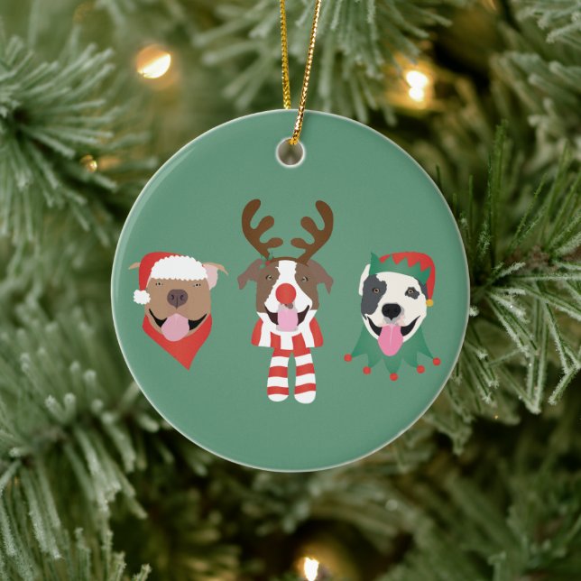 Merry Christmas Pit Bull Dogs Ceramic Ornament (Tree)