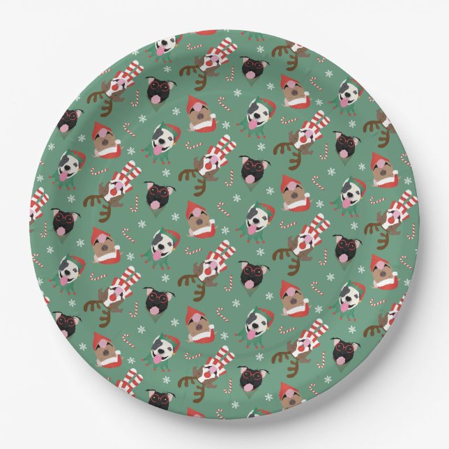 Merry Christmas Pit Bull Dogs Paper Plates (Front)