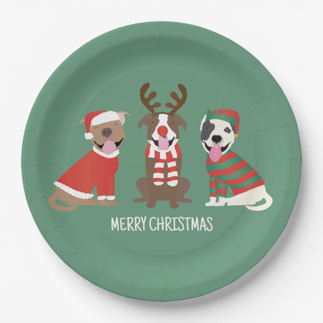 Merry Christmas Pit Bull Dogs Paper Plates (Front)