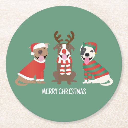 Merry Christmas Pit Bull Dogs Round Paper Coaster
