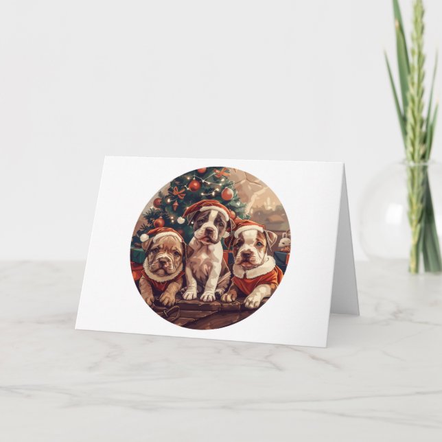 Merry Christmas Pit Bull Puppy Dogs Holiday Card (Front)