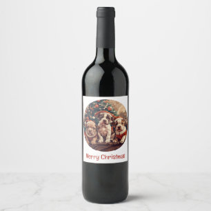 Merry Christmas Pit Bull Puppy Dogs Wine Label